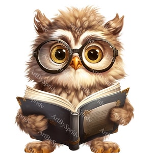 Wise Owl With Glasses & Book PNG, Transparent Animal Clipart, Kids Cartoon Design,Printable Sublimation,Commercial,Baby Shower Cute Clip Art