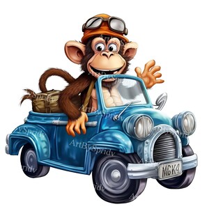 Monkey Driving a Car PNG Clipart, Cartoon Animal Transparent Digital Clip Art for Kids, Nursery, DTG Tee, Mug, Stickers, DIY Craft Projects