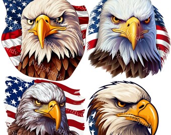 Patriotic Bald Eagle PNG Clipart Bundle | American Flag Background Transparent Fierce Eagle Digital Clip Art for DIY Crafts & Sublimation