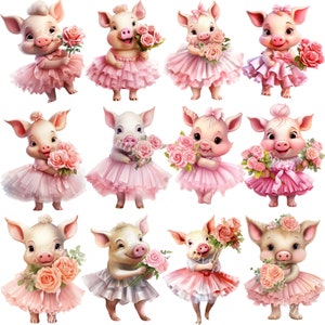 12 piezas de lindo cerdo en un tutú con ramo de flores, clipart PNG transparente, impresión de amante de los animales de granja, diseño de clip art para niños, sublimación imprimible