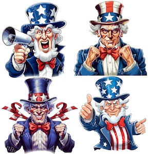 4 Pack USA Patriotic Uncle Sam Transparent PNG Clipart Design,Printable Sublimation,Digital Instant Download,United States Flag PNG Art