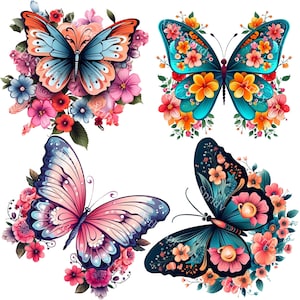 Conjunto de imágenes prediseñadas de mariposas y flores vibrantes PNG, ilustraciones de mariposas bohemias para decoración de primavera, manualidades de bricolaje, camisetas con temática de la naturaleza, diseño de vasos