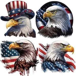Patriotic Eagle Clipart Bundle-Transparent PNG,American Flag & Eagle Illustration,4th of July USA Independence Day Graphics,Eagle in Hat Art