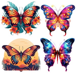 Conjunto de imágenes prediseñadas de puesta de sol con flores y mariposas brillantes PNG, ilustraciones bohemias con temática de naturaleza vibrante para decoración de primavera, manualidades de bricolaje, imágenes prediseñadas digitales