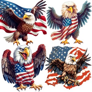 愛国的な白頭ワシとアメリカ国旗の PNG クリップアート セット | 7 月 4 日の DIY クラフト、アメリカをテーマにした装飾、昇華クリップアート用の透明素材