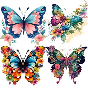 Conjunto de imágenes prediseñadas de mariposas y flores PNG, imágenes prediseñadas de mariposas bohemias vibrantes para decoración de primavera, álbumes de recortes, camisetas DTG de naturaleza, tazas, proyectos de manualidades de bricolaje