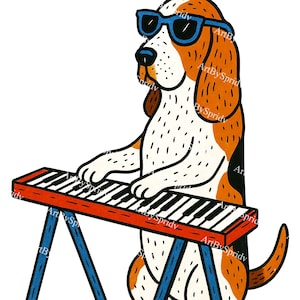 Cool Dog Playing Keyboard PNG | Funny Basset Hound with Sunglasses Clipart | Cartoon Musician Dog Transparent Design for Sublimation & Craft