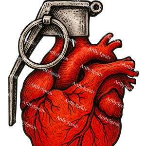 Anatomical Heart Grenade PNG | Exploding Heart Clipart for Sublimation | Tattoo Style Love Bomb Art | Transparent Edgy Anti-Valentine Design