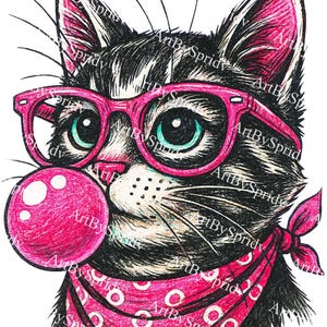 Trendy Cool Cat PNG with Glasses and Bubble Gum, Cute Hipster Kitty Clipart for Sublimation, Funny Retro Cat Illustration for T-Shirts, Mugs