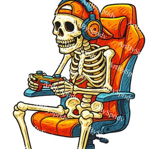 Op de afbeelding: Cartoon illustratie van een skelet gamer met een headset en een pet, zittend in een oranje en blauwe gaming stoel. Het skelet houdt een game controller vast. De stijl is cartoonachtig.