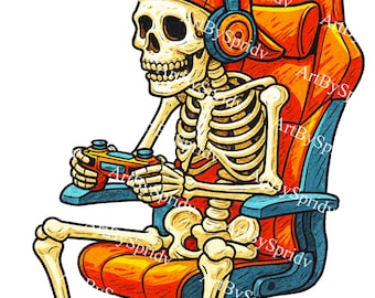 Skeleton Gamer in Gaming Chair PNG Clipart - Skull with Headphones & Controller Transparent PNG for Halloween Sublimation, Cricut, Stickers