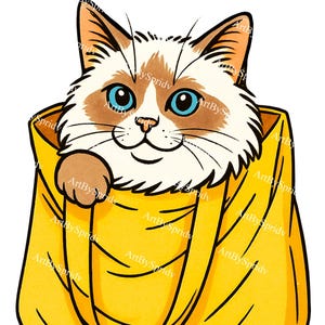 Cute Ragdoll Cat in Yellow Bag PNG | Funny Cat Clipart for Sublimation | Transparent Cartoon Kitty Design for Stickers, Shirts & Digital Use