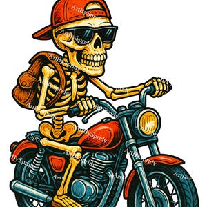 Cooler Skeleton Biker PNG Clipart, lustiger Schädel, der Motorraddesign reitet, kantiges Retro-Skelett auf dem Fahrrad Sublimationskunst für Biker-Shirts & Dekor