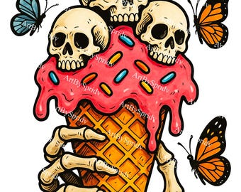 Gothic Skull Ice Cream PNG | Skeleton Hand Holding Creepy Cone with Sprinkles | Spooky Dessert Clipart for Halloween Sublimation & Dark Art