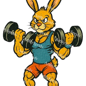 Strong Bunny Weightlifting PNG, Muscle Rabbit Clipart for Gym Shirts, Workout Apparel, Easter Fitness Sublimation Design, Bodybuilder Animal