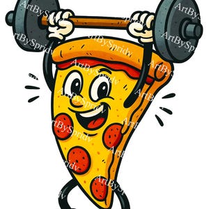 Funny Pizza Slice Lifting Weights PNG | Cartoon Fitness Food Clipart | Gym Humor Tee Sublimation Design for Workout Shirts, Mugs & Stickers