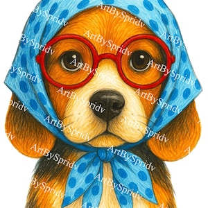 Cute Retro Dog PNG with Red Glasses and Polka Dot Headscarf | Funny Vintage Style Dog Clipart | Transparent Beagle Tee Sublimation Art Print