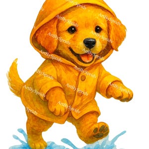 Puppy in Yellow Raincoat PNG – Watercolor Dog Splashing in Puddle Clipart for Nursery Art, Kids Room Decor, Sublimation, DIY Print Projects