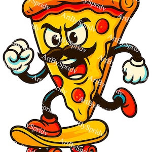 Skateboarding Pizza Slice PNG Clipart, Funny Cartoon Pizza on Skateboard with Mustache, Sublimation Design for Shirts, Stickers & Teen Gifts