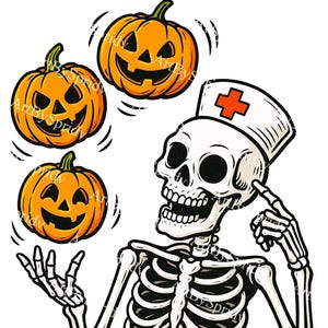 May include: A cartoon illustration of a skeleton wearing a nurse's cap with a red cross, juggling three orange jack-o'-lanterns with black carved faces. The image has a Halloween theme and is set against a white background.