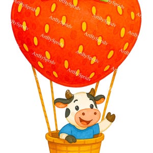 Strawberry Hot Air Balloon Cow PNG, Cute Farm Animal Clipart for Kids, Kawaii Cow in Fruit Balloon,Transparent Sublimation Design for Crafts