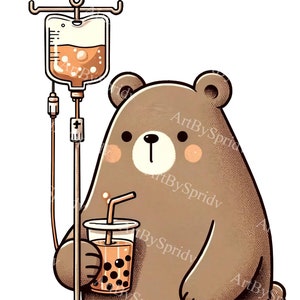 Süßer Bär mit Boba Tea IV Tropf-Illustration, schrulliges Tier Clipart, Bubble Tea-Liebhaber PNG, druckbares Sublimationsdesign für T-Shirts & Tassen