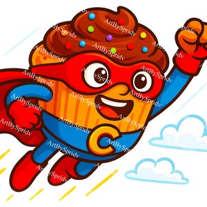 Superheld Cupcake PNG Clipart, niedlicher fliegender Cupcake mit Umhang und Maske, lustiges Dessert Sublimationsdesign, Kawaii Bäckerei Digitale Kunst zum Basteln