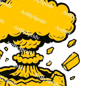 Könnte beinhalten: Ein gelber Schädel mit einer rissigen Oberseite, aus dem eine gelbe Explosion aus dem Schädel herauskommt.