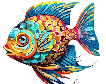 Colorful Funky Fish Clipart PNG, Intricate Vibrant Fish Illustration, High-Quality Transparent Clip Art for Digital Clip Art, Stickers,Decor