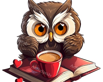 Cozy Owl with Coffee Clipart,Adorable Transparent PNG Bird Illustration for Digital DIY Crafts,Stickers,Invitations,Scrapbooking,DTG T-Shirt