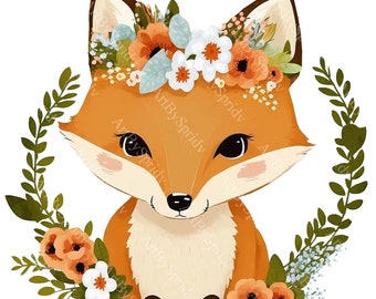 Adorable Baby Fox with Flower Crown PNG Clipart for Nursery, Woodland Animal Clip Art, Boho Floral Fox Illustration, DIY Craft Projects,Gift