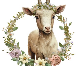 Clipart de cabra floral PNG transparente, ilustración de animal de granja rústica, cabra boho con corona de flores para manualidades, decoración de guardería y sublimación