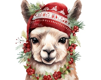 Festive Christmas Llama PNG Clipart with Santa Hat & Holiday Wreath, Holiday Clip Art for Cards, DIY Crafts, T-Shirt Sublimation,Xmas Alpaca