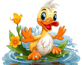 Cute Duckling Splash In Pond PNG, Transparent Farm Animal Clipart, Kids Cartoon Design, Printable Sublimation, Baby Shower Duck Clip Art