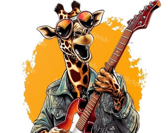 Giraffe Playing Guitar Transparent PNG Clipart, Kid/Adult Digital Design,Printable T-Shirt, Mug Sublimation Clip Art,Animal Lover,Commercial