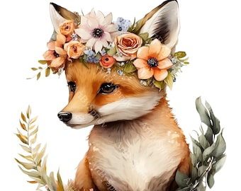 Adorable Baby Fox with Flower Crown PNG Clipart, Woodland Animal Watercolor Illustration, Perfect for Stickers,T-Shirts,Invitation,DIY Craft