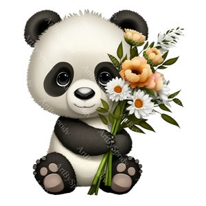 Cute Panda Bear With Flower Bouquet PNG Clipart,Transparent Floral Animal Lover Print Kids Clip Art Design,DIY Printable Sublimation T-Shirt