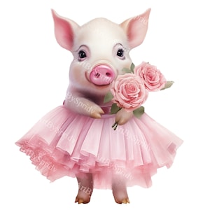 Lechón en tutú rosa y ramo de rosas Descargar imágenes prediseñadas PNG, ilustración de animales de granja para decoración de guardería, invitaciones a baby shower, diseño de fiesta para niños
