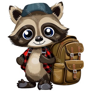Raccoon With A Backpack PNG Clipart, Transparent Animal Lover Print Kids Clip Art, Cute Cartoon Design,DIY Printable Sublimation T-Shirt,Mug