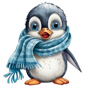 Baby Penguin with Winter Scarf PNG Clipart, Cute Bird Illustration, Digital Download for Winter&Christmas DIY Crafts, Cards, T-Shirt Designs