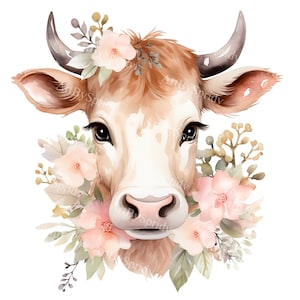 Cute Watercolor Floral Farm Cow Transparent PNG Clipart,Kids/Adults Cartoon Design,Printable Sublimation,Commercial,Magical Animal Clip Art