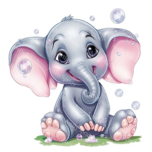 Baby Elefant Clipart mit Blasen, niedliche digitale Cartoon Elefant Illustration für Kinderzimmerdeko, Kinderparty-Einladungen, Scrapbooking, Kunsthandwerk