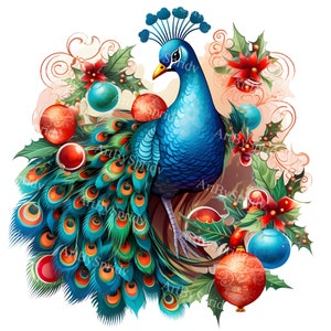 Schattige pauw met kerstboom transparante PNG-clipart, kinderen/volwassenen cartoon design, afdrukbare sublimatie, commercieel gebruik, dierlijke illustraties