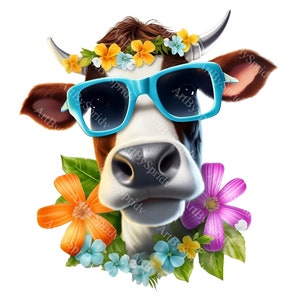 Krowa z okularami przeciwsłonecznymi PNG Clipart | Zabawne zwierzę cyfrowe do pobrania | Ilustracja krowy na plaży latem | Urocza sztuka zwierząt gospodarskich | Prezent dla miłośnika krów