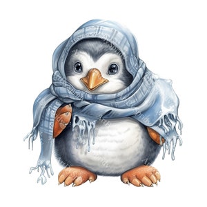 心地よい冬のスカーフを巻いた赤ちゃんペンギンの PNG クリップアート、クリスマス カード、DIY クラフト、保育園の装飾、冬をテーマにしたクラフト用のかわいいデジタル イラスト