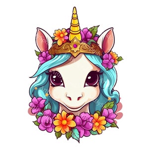 Unicorn PNG Clipart with Floral Crown | Cute Cartoon Magical Fantasy Art | Nursery Wall Decor | DIY Craft Supplies | Instant Download