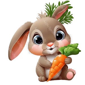 Baby Bunny With Carrot PNG Clipart,Transparent Animal Lover Print Kids Clip Art, Cute Cartoon Design,DIY Printable Sublimation T-Shirt,Mug