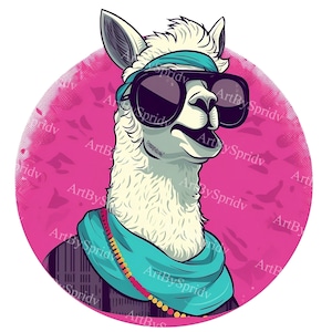 Trendy Llama with Sunglasses & Headscarf PNG Clipart, Cool Hipster Clip Art for T-Shirt, Mug Sublimation, Stickers, DIY Crafts, Scrapbooking