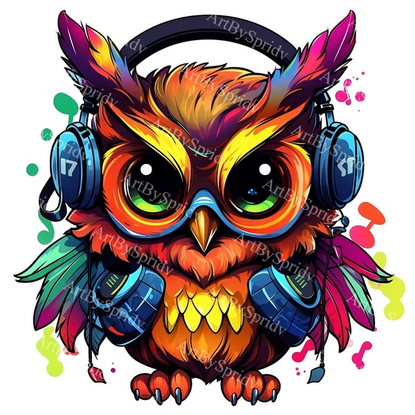 Cute DJ Owl With Headphone Transparent PNG Clipart,Cool Kid/Adult Cartoon Design, Printable Sublimation,Commercial, Magical Bird Clip Art