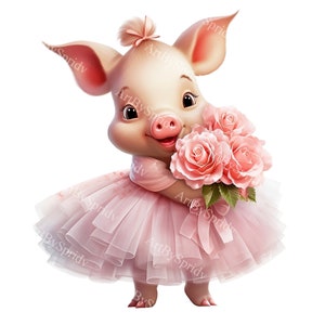 Lindo cerdo con tutú y ramo de flores PNG Clipart, impresión transparente para amantes de los animales de granja, diseño de clip art para niños, sublimación imprimible DIY